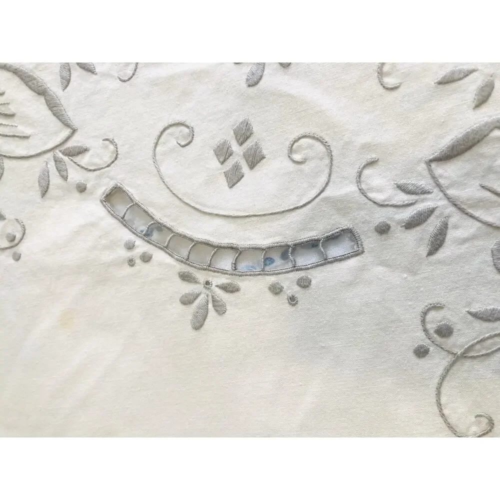 Vintage Large Tablecloth and 12 Napkins Embroidered Cream Grey Floral Bell Gray
